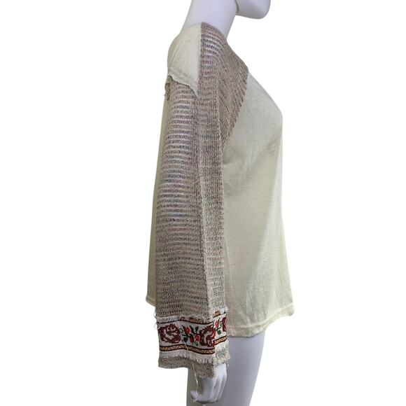 Umgee USA Henley Boho Blouse Size S Embroidered Bell Long Sleeve Knit Cream Tan - Picture 6 of 8